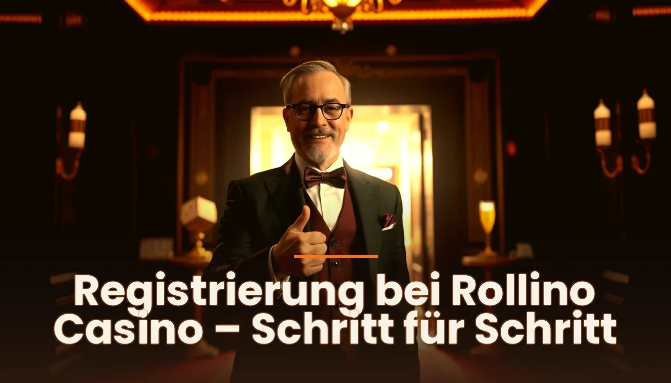 Rollino Casino Registrierungsformular mit E-Mail, Passwort und Währungsauswahl