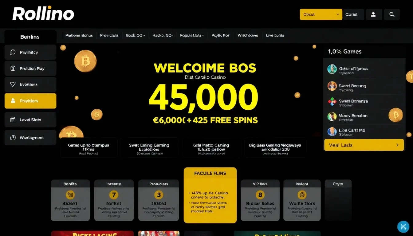 Rollino Casino Startseite mit Willkommensbonus-Banner und Navigationsmenü